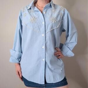 Vintage 90s pearl beaded western chambray shirt